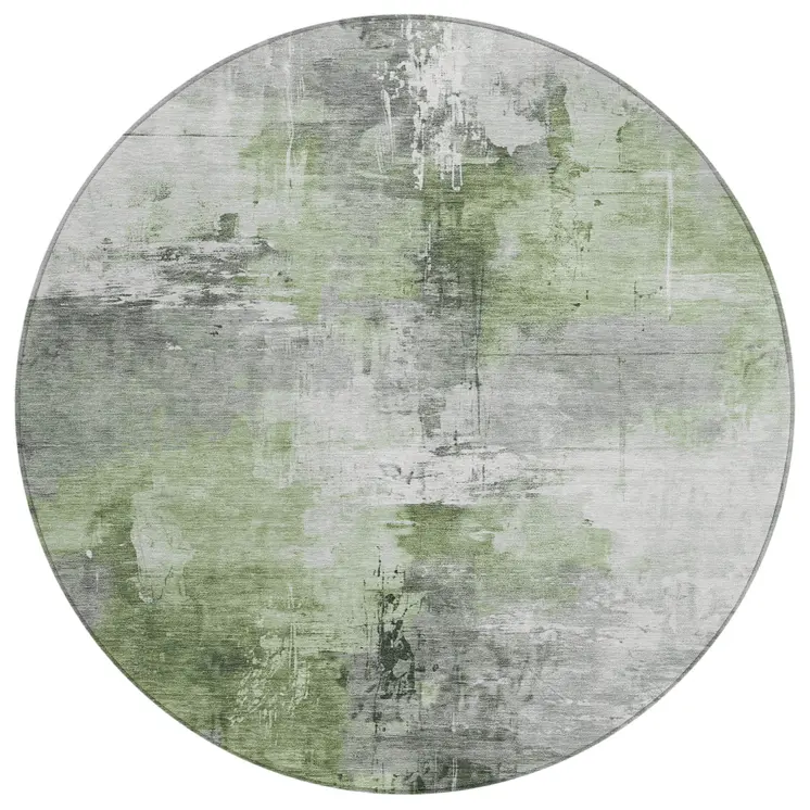8' Green Gray And Silver Round Abstract Washable Indoor Outdoor Area Rug