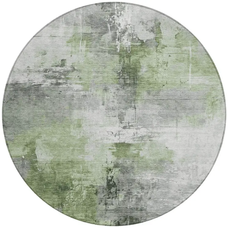 8' Green Gray And Silver Round Abstract Washable Indoor Outdoor Area Rug