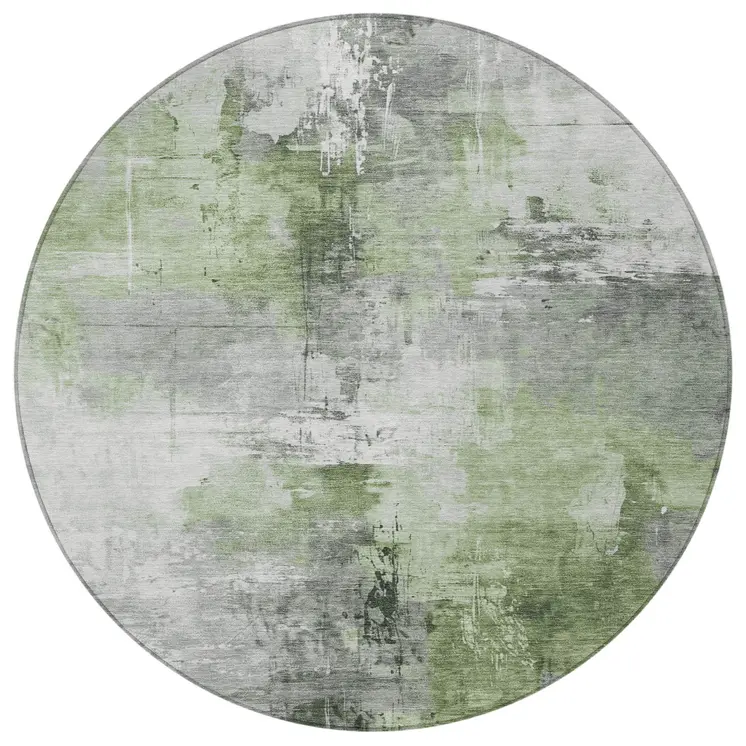 8' Green Gray And Silver Round Abstract Washable Indoor Outdoor Area Rug