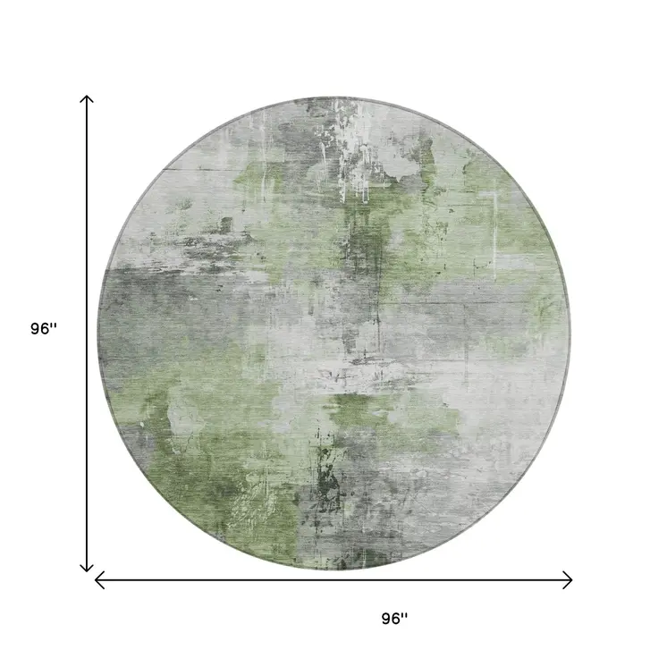 8' Green Gray And Silver Round Abstract Washable Indoor Outdoor Area Rug