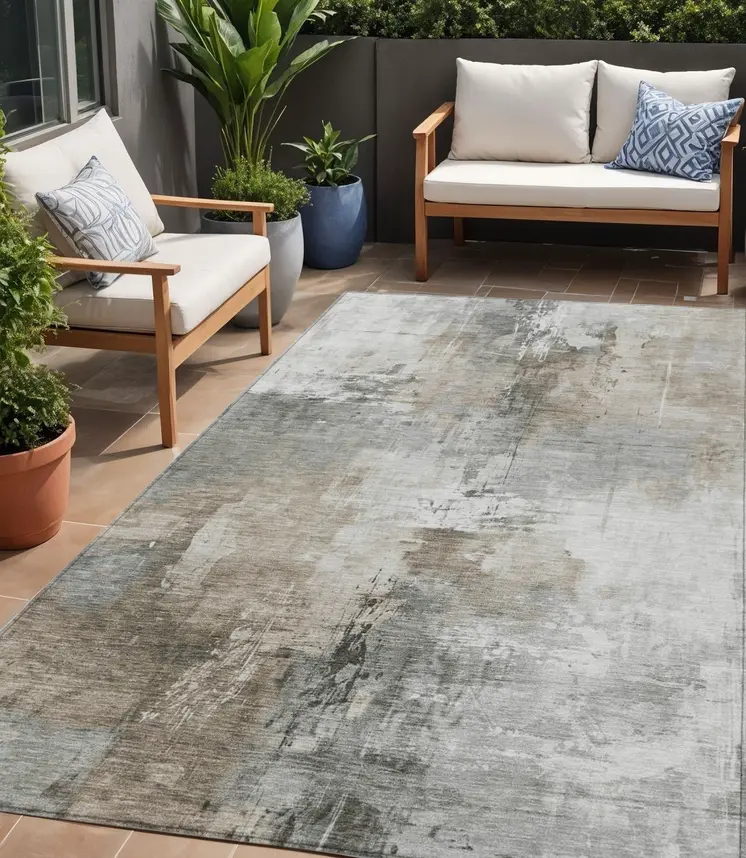 5' X 8' Ivory Gray And Khaki Abstract Washable Indoor Outdoor Area Rug
