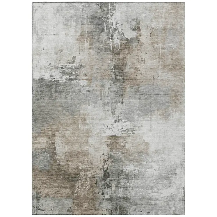 5' X 8' Ivory Gray And Khaki Abstract Washable Indoor Outdoor Area Rug