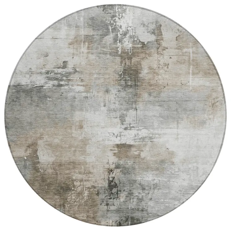 8' Ivory Gray And Khaki Round Abstract Washable Indoor Outdoor Area Rug