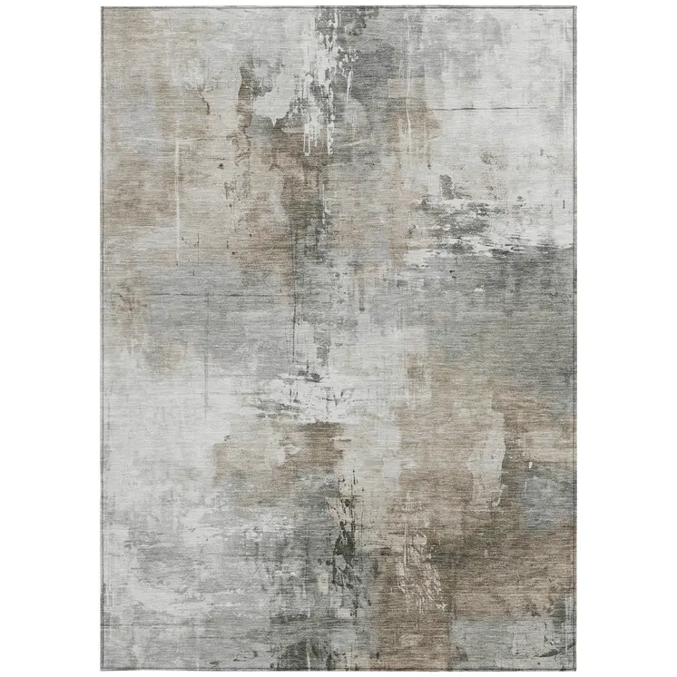 8' X 10' Ivory Gray And Khaki Abstract Washable Indoor Outdoor Area Rug