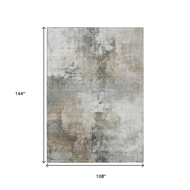 9' X 12' Ivory Gray And Khaki Abstract Washable Indoor Outdoor Area Rug
