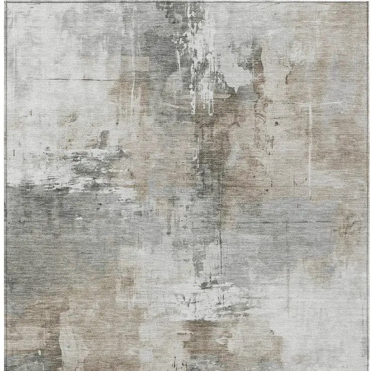 9' X 12' Ivory Gray And Khaki Abstract Washable Indoor Outdoor Area Rug