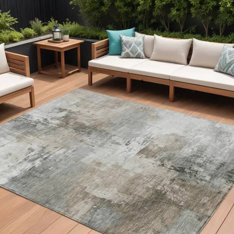 10' X 14' Ivory Gray And Khaki Abstract Washable Indoor Outdoor Area Rug