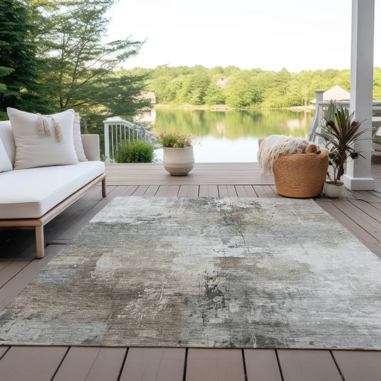 10' X 14' Ivory Gray And Khaki Abstract Washable Indoor Outdoor Area Rug