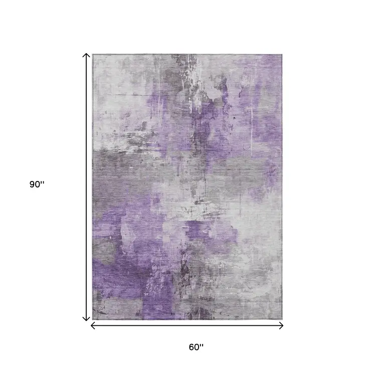 5' X 8' Purple Eggplant And Ivory Abstract Washable Indoor Outdoor Area Rug