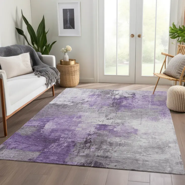 5' X 8' Purple Eggplant And Ivory Abstract Washable Indoor Outdoor Area Rug