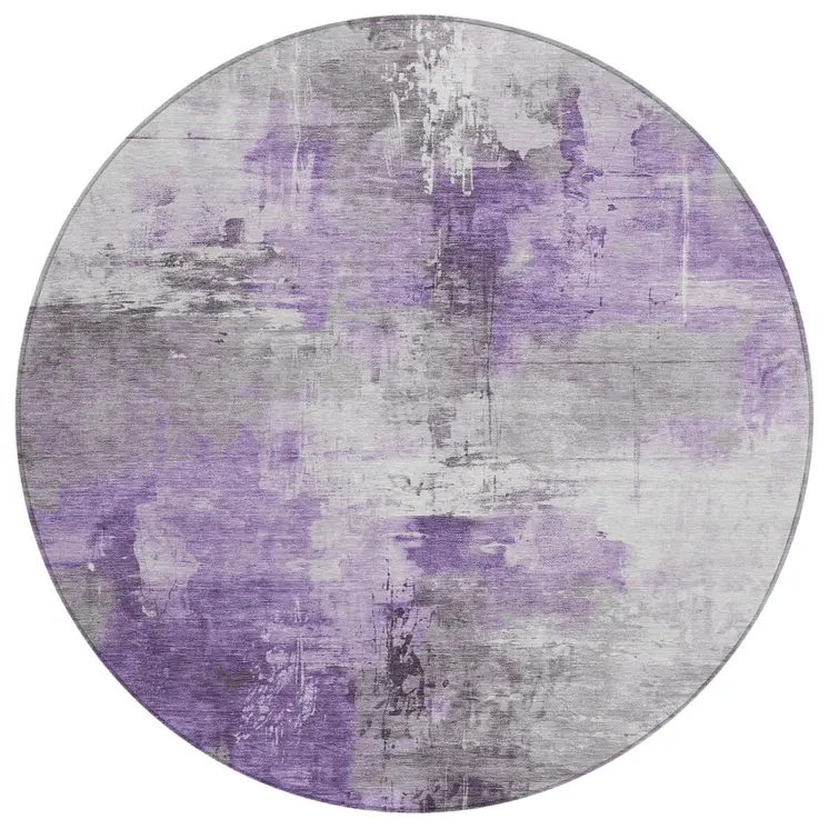 8' Purple Eggplant And Ivory Round Abstract Washable Indoor Outdoor Area Rug