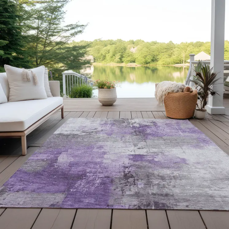9' X 12' Purple Eggplant And Ivory Abstract Washable Indoor Outdoor Area Rug