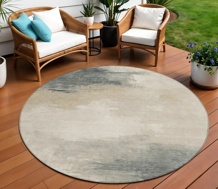 8' Beige Taupe And Ivory Round Abstract Washable Indoor Outdoor Area Rug