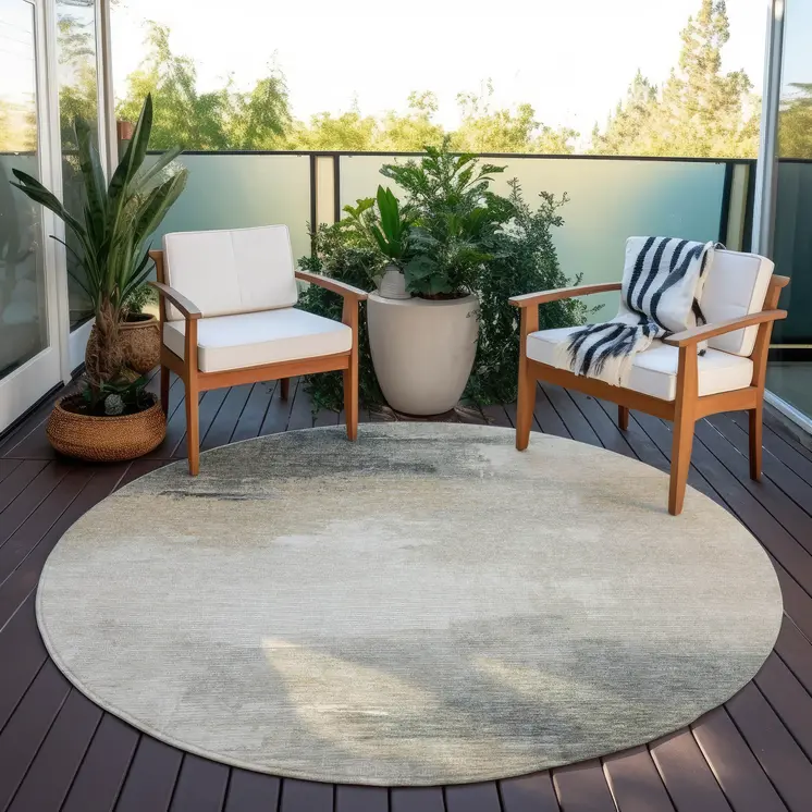 8' Beige Taupe And Ivory Round Abstract Washable Indoor Outdoor Area Rug