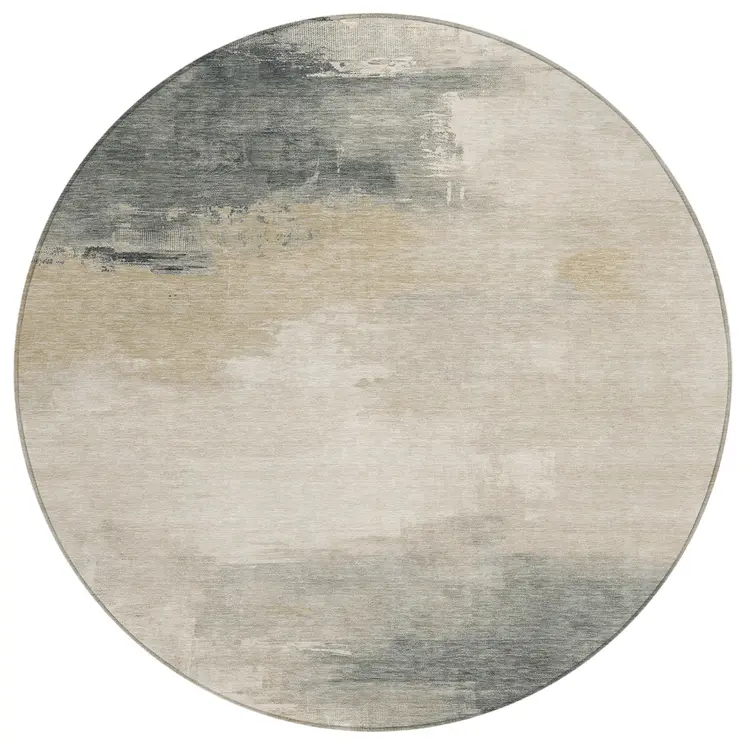 8' Beige Taupe And Ivory Round Abstract Washable Indoor Outdoor Area Rug