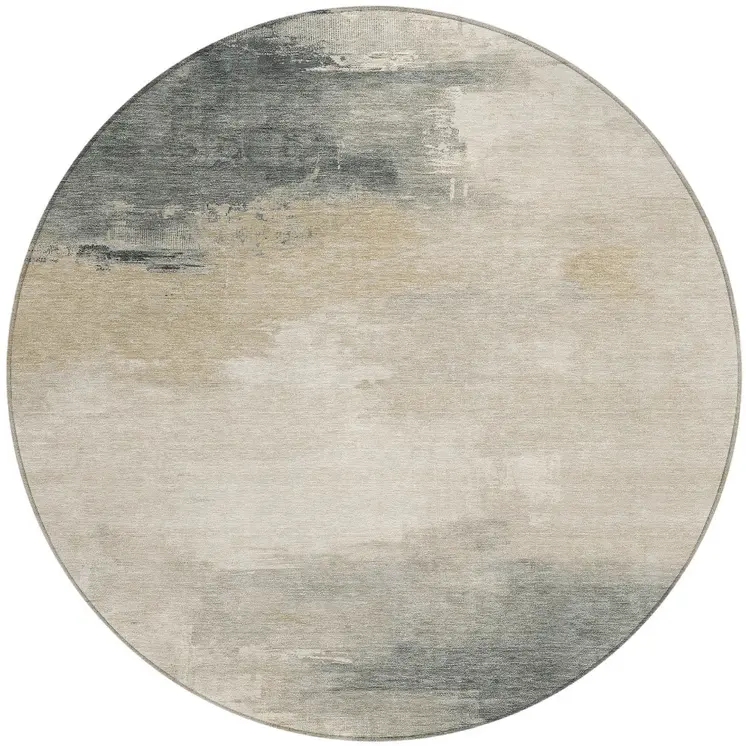 8' Beige Taupe And Ivory Round Abstract Washable Indoor Outdoor Area Rug