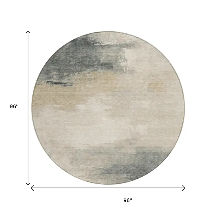 8' Beige Taupe And Ivory Round Abstract Washable Indoor Outdoor Area Rug