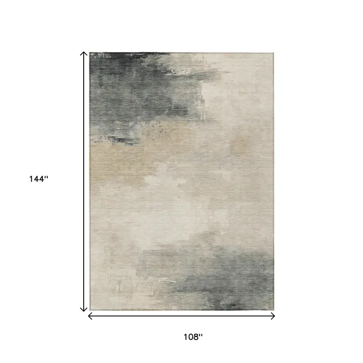 9' X 12' Beige Taupe And Ivory Abstract Washable Indoor Outdoor Area Rug