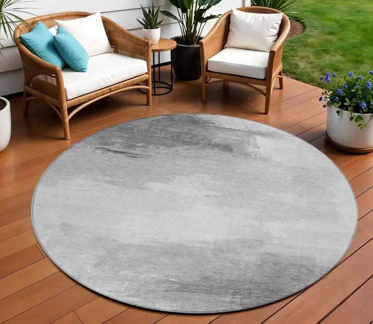 8' Gray And Silver Round Abstract Washable Indoor Outdoor Area Rug