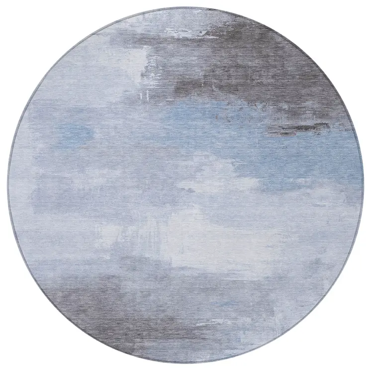 8' Sky Blue Gray And Ivory Round Abstract Washable Indoor Outdoor Area Rug