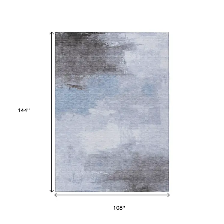 9' X 12' Sky Blue Gray And Ivory Abstract Washable Indoor Outdoor Area Rug