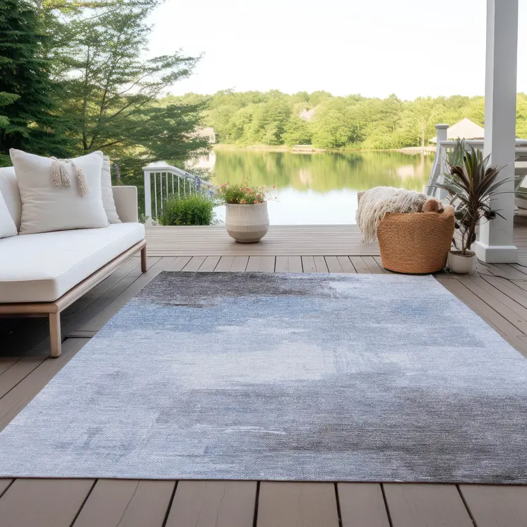9' X 12' Sky Blue Gray And Ivory Abstract Washable Indoor Outdoor Area Rug