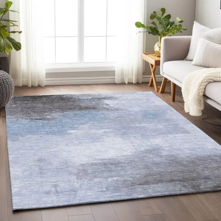 9' X 12' Sky Blue Gray And Ivory Abstract Washable Indoor Outdoor Area Rug