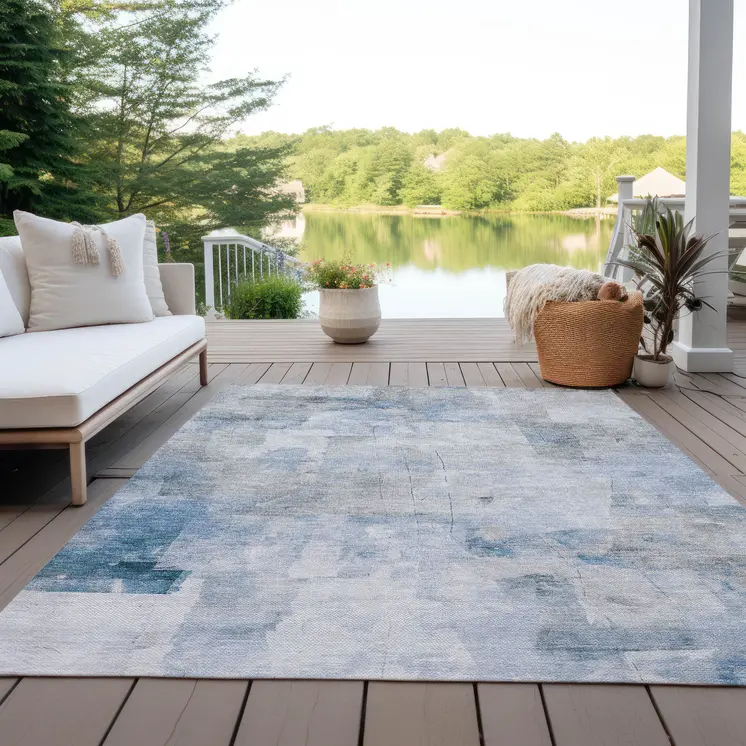 3' X 5' Denim Blue Gray And Ivory Abstract Washable Indoor Outdoor Area Rug
