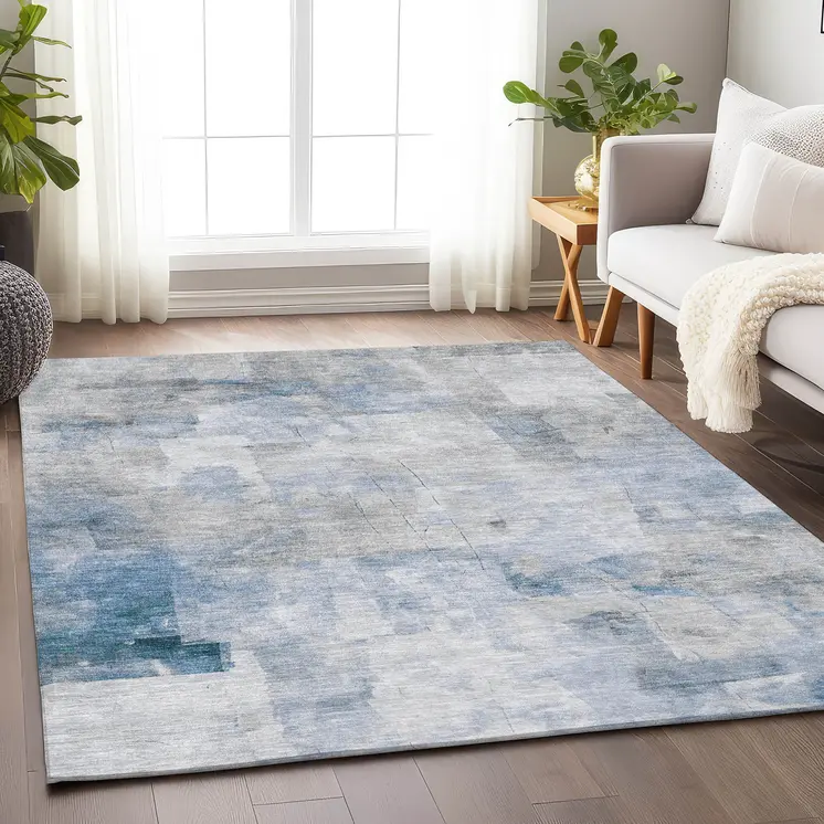 3' X 5' Denim Blue Gray And Ivory Abstract Washable Indoor Outdoor Area Rug