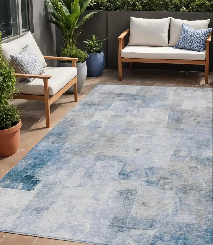 5' X 8' Denim Blue Gray And Ivory Abstract Washable Indoor Outdoor Area Rug