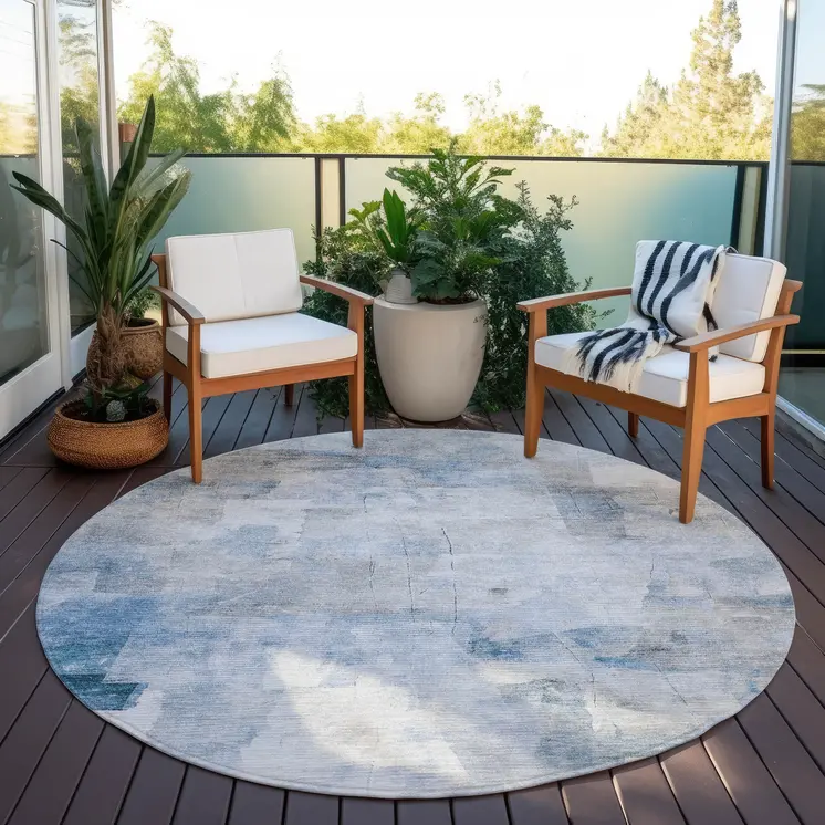 8' Denim Blue Gray And Ivory Round Abstract Washable Indoor Outdoor Area Rug