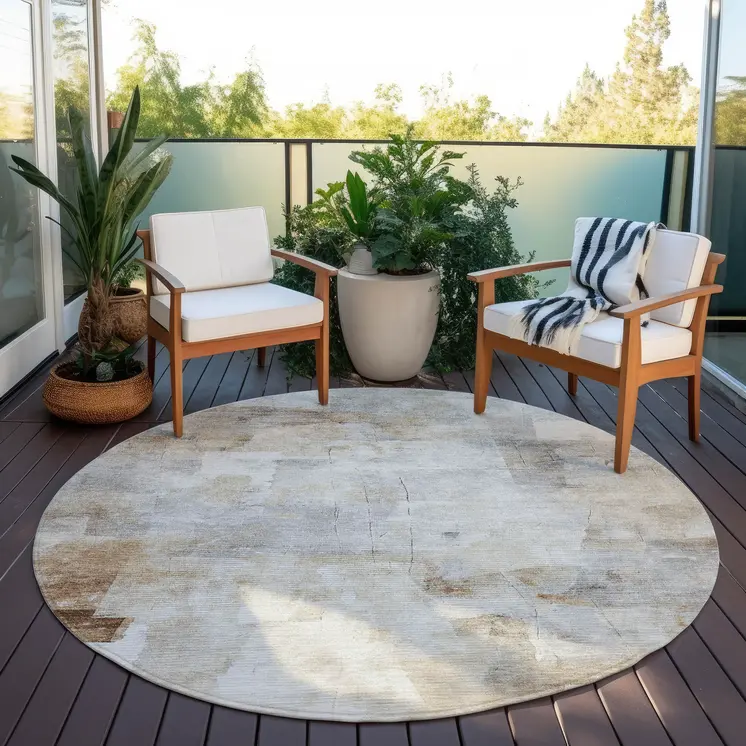 8' Linen Gray And Ivory Round Abstract Washable Indoor Outdoor Area Rug