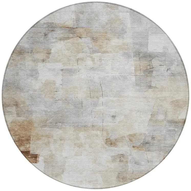 8' Linen Gray And Ivory Round Abstract Washable Indoor Outdoor Area Rug