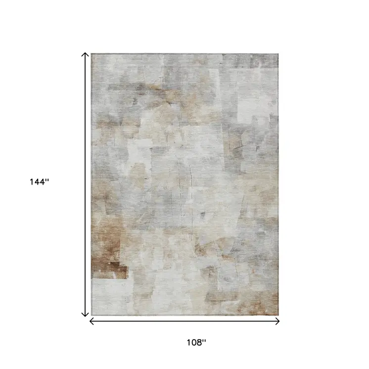 9' X 12' Linen Gray And Ivory Abstract Washable Indoor Outdoor Area Rug