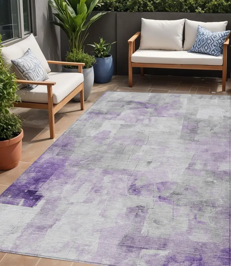5' X 8' Lavender Gray And Ivory Abstract Washable Indoor Outdoor Area Rug
