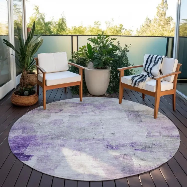 8' Lavender Gray And Ivory Round Abstract Washable Indoor Outdoor Area Rug