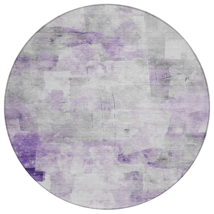 8' Lavender Gray And Ivory Round Abstract Washable Indoor Outdoor Area Rug