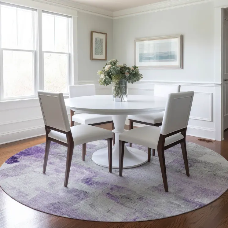 8' Lavender Gray And Ivory Round Abstract Washable Indoor Outdoor Area Rug