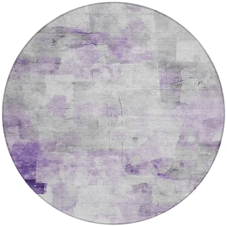 8' Lavender Gray And Ivory Round Abstract Washable Indoor Outdoor Area Rug