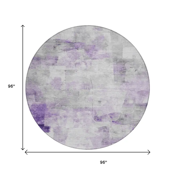 8' Lavender Gray And Ivory Round Abstract Washable Indoor Outdoor Area Rug