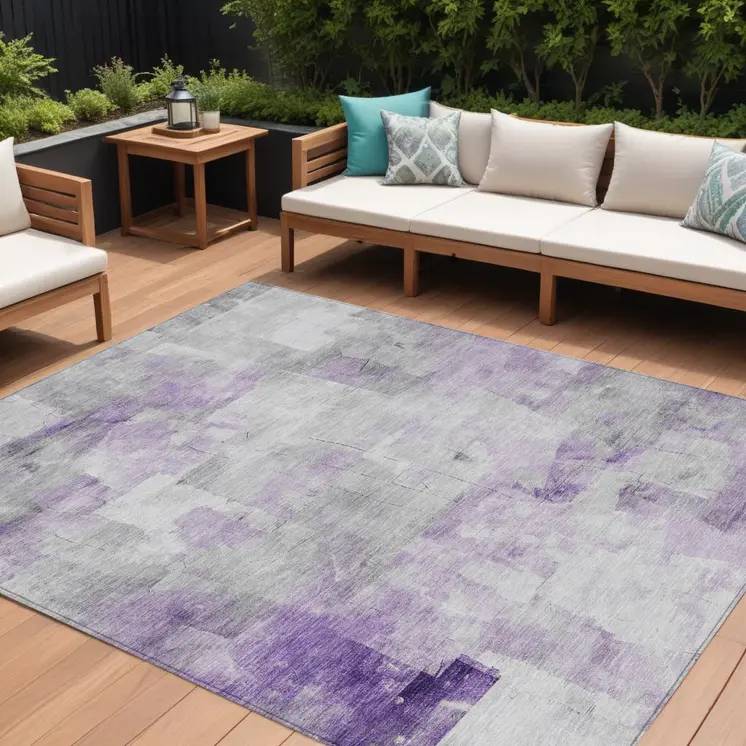 10' X 14' Lavender Gray And Ivory Abstract Washable Indoor Outdoor Area Rug