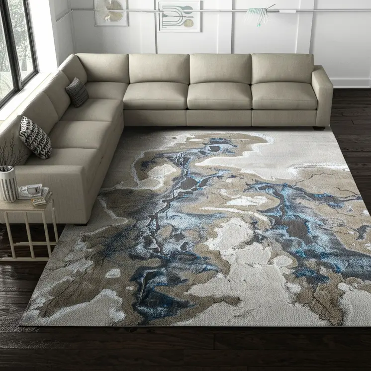 7' X 10' Taupe And Blue Abstract Area Rug