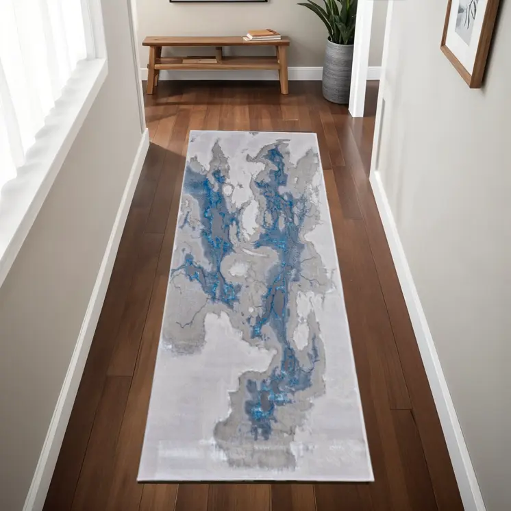 8' Taupe And Blue Abstract Runner Rug