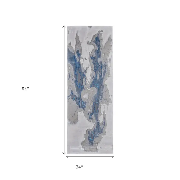 8' Taupe And Blue Abstract Runner Rug