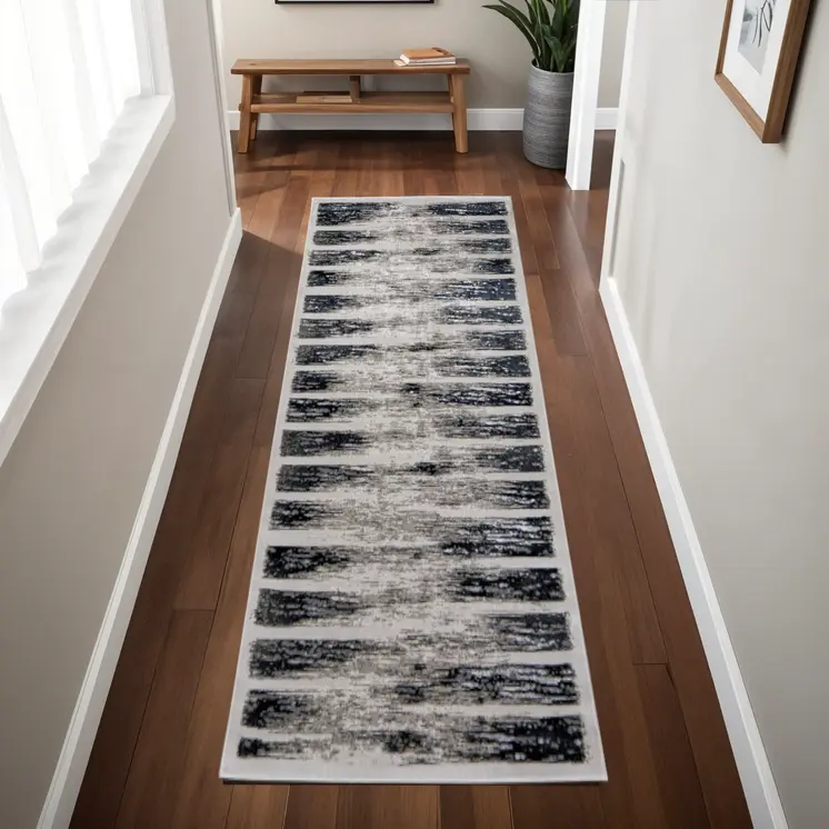 8' Gray And Black Abstract Distressed Runner Rug