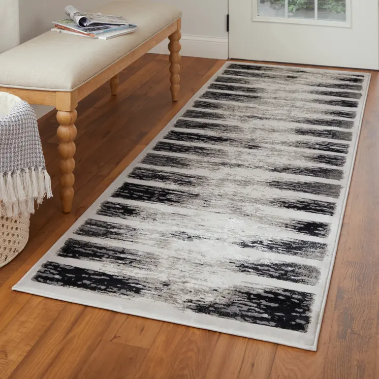 8' Gray And Black Abstract Distressed Runner Rug