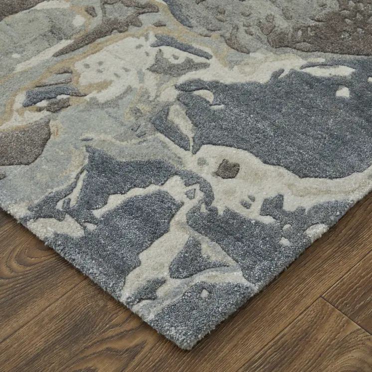 10' X 14' Blue Taupe And Green Abstract Hand Tufted Distressed Area Rug