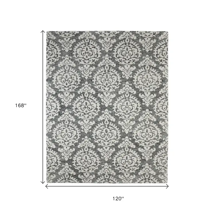 10' X 14' Gray Ivory And Black Floral Hand Tufted Area Rug