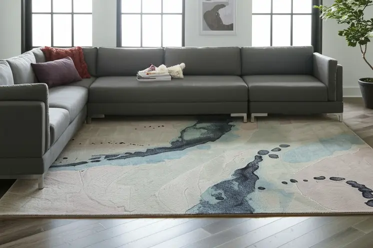 10' X 14' Green Blue And Ivory Abstract Hand Tufted Area Rug