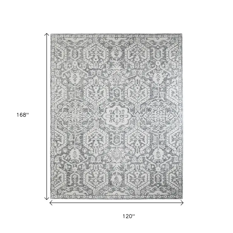 10' X 14' Gray And White Geometric Hand Tufted Area Rug
